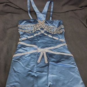BADGLEY MISCHKA Blue Halter Strap Evening Dress
